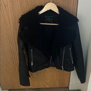 True Religion Black Leather Jacket with Shearling Collar